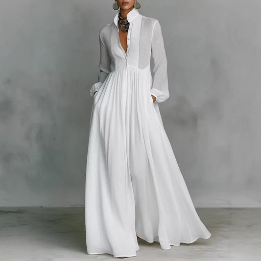 Long Sleeve Button-Front Flowy Dress