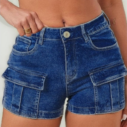 Womens Solid-Color High-Waist Slim-Fit Denim Shorts