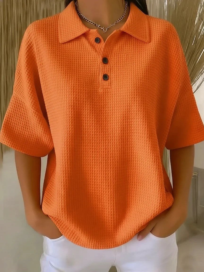 Buttoned Waffle-knit Short-sleeve T-shirt Solid-color Pullover Top