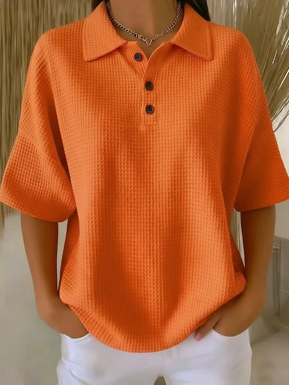 Buttoned Waffle-knit Short-sleeve T-shirt Solid-color Pullover Top