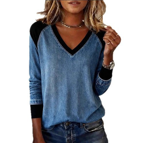 Women's Casual Loose V-Neck Contrast-Piece Patchwork Top