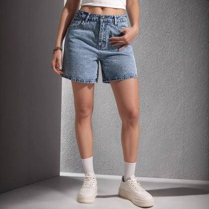 Womens Embroidered Non-Stretch Denim Shorts With Back Pockets