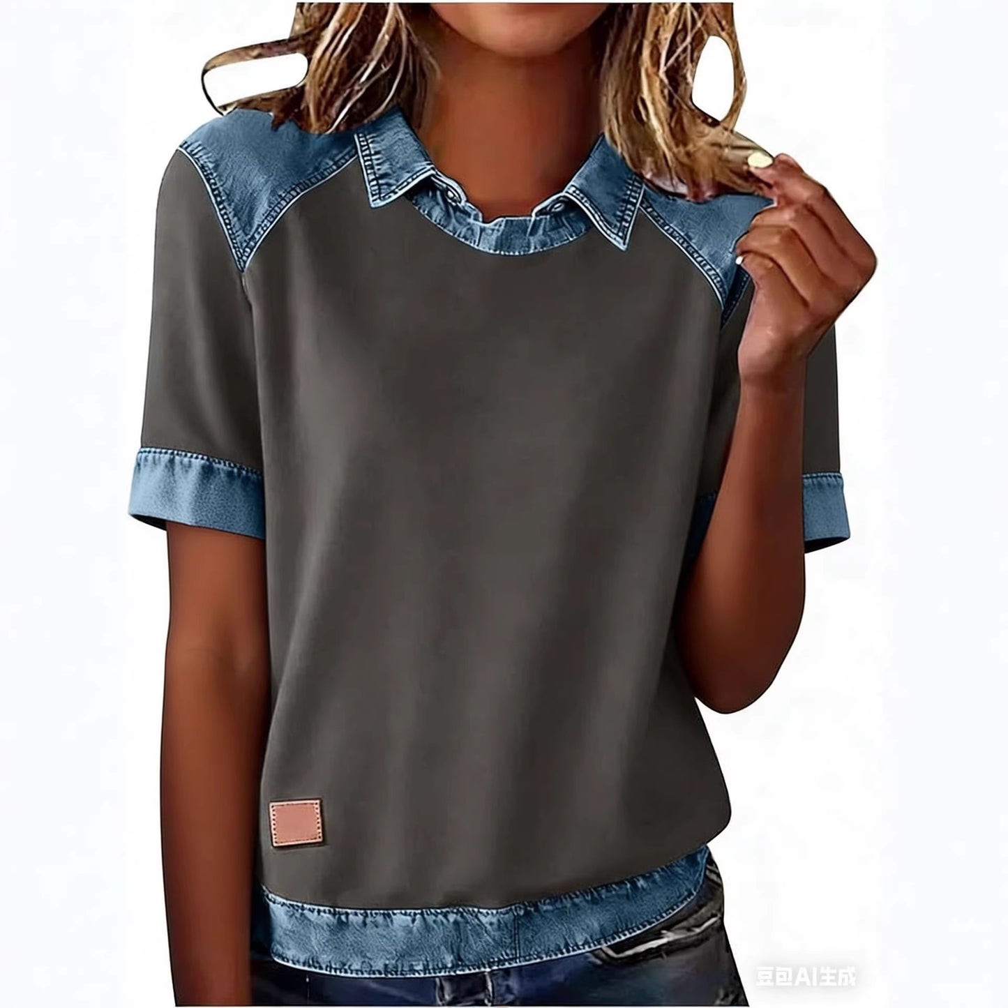 Patchwork Knitted Shirt Short-Sleeve Lapel Button-Up Shirt For Women