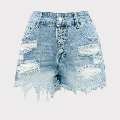 Rough-edged Crotch-level Waist Denim Shorts With Ripsholes