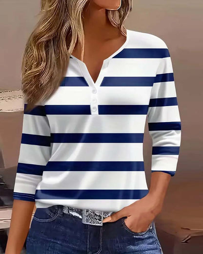 Casual V-neck Button-striped Top T-shirt For Women Stylish And Versatile
