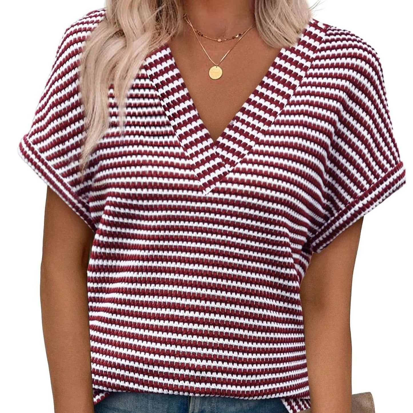 Summer V Neck Striped Loose Short Sleeve