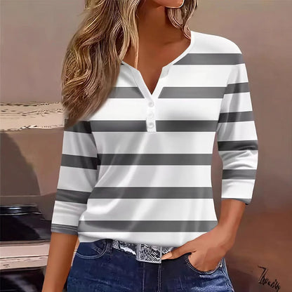 Casual V-neck Button-striped Top T-shirt For Women Stylish And Versatile