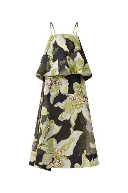 Elysia Tiered Gown in Black & Green Floral