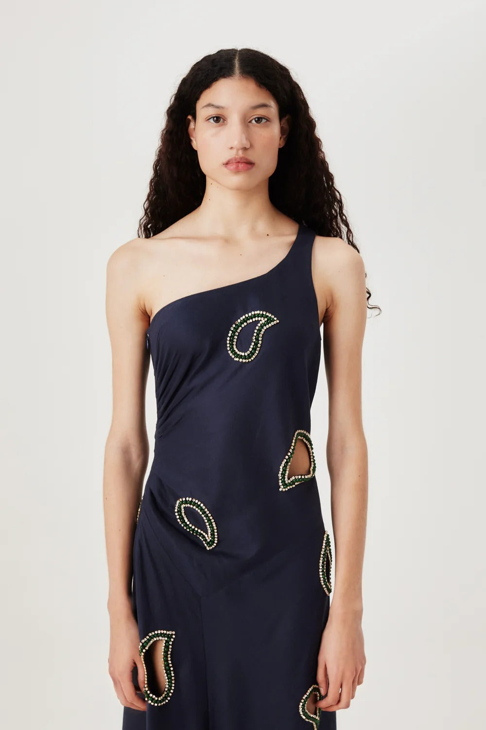 Long dress with embroidered rhinestones