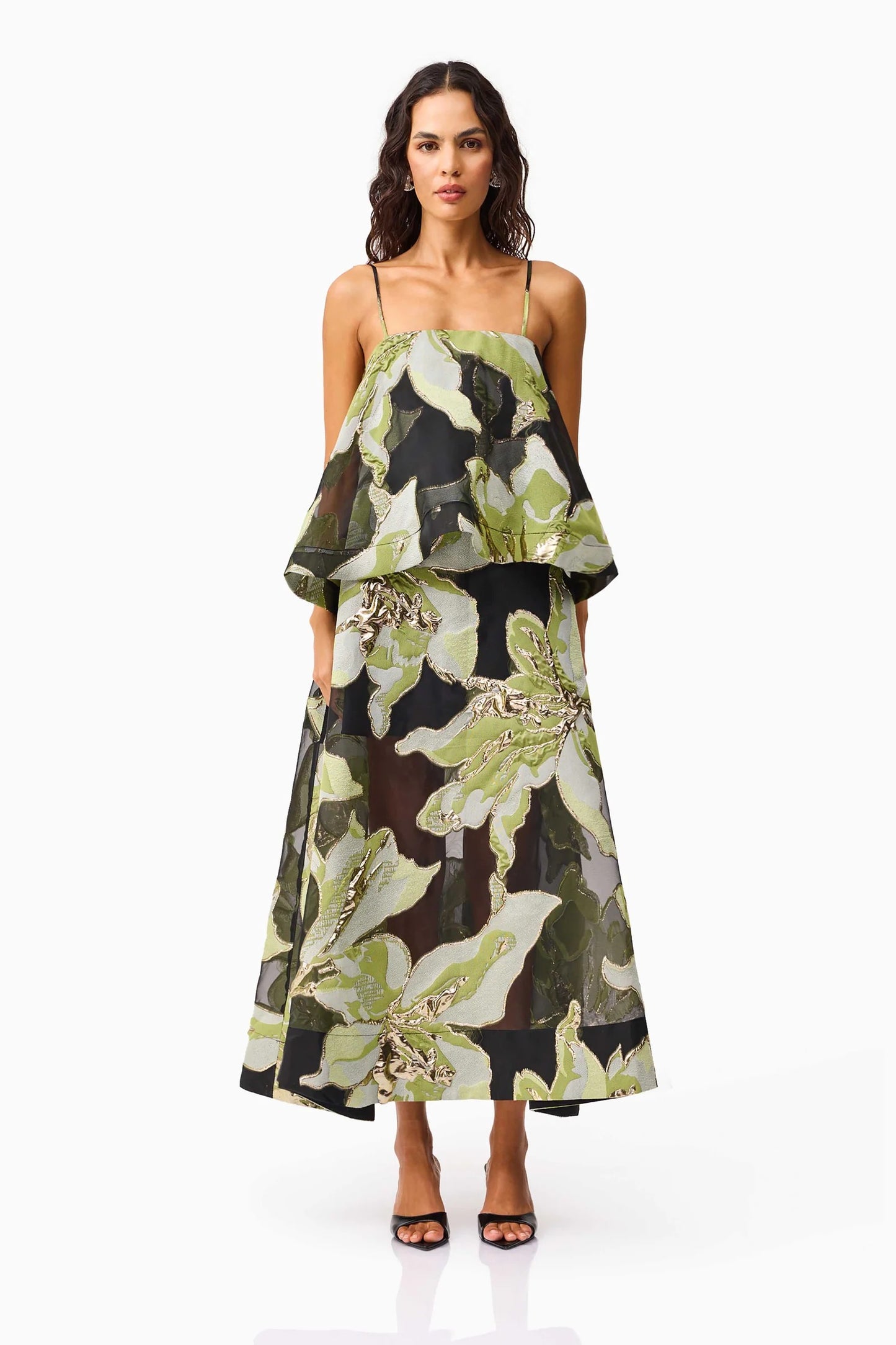 Elysia Tiered Gown in Black & Green Floral