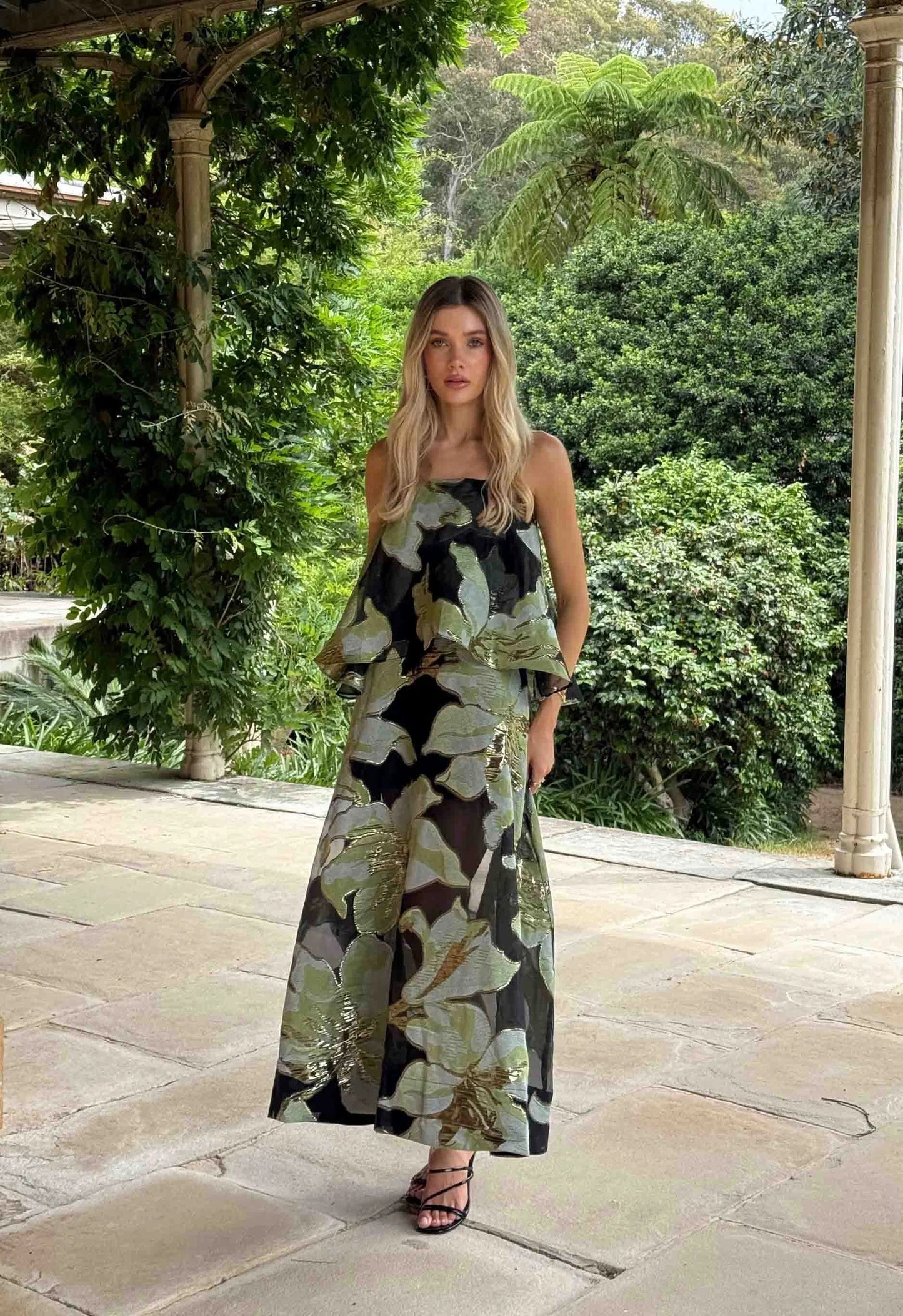 Elysia Tiered Gown in Black & Green Floral