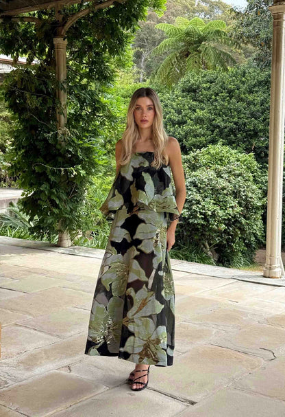 Elysia Tiered Gown in Black & Green Floral