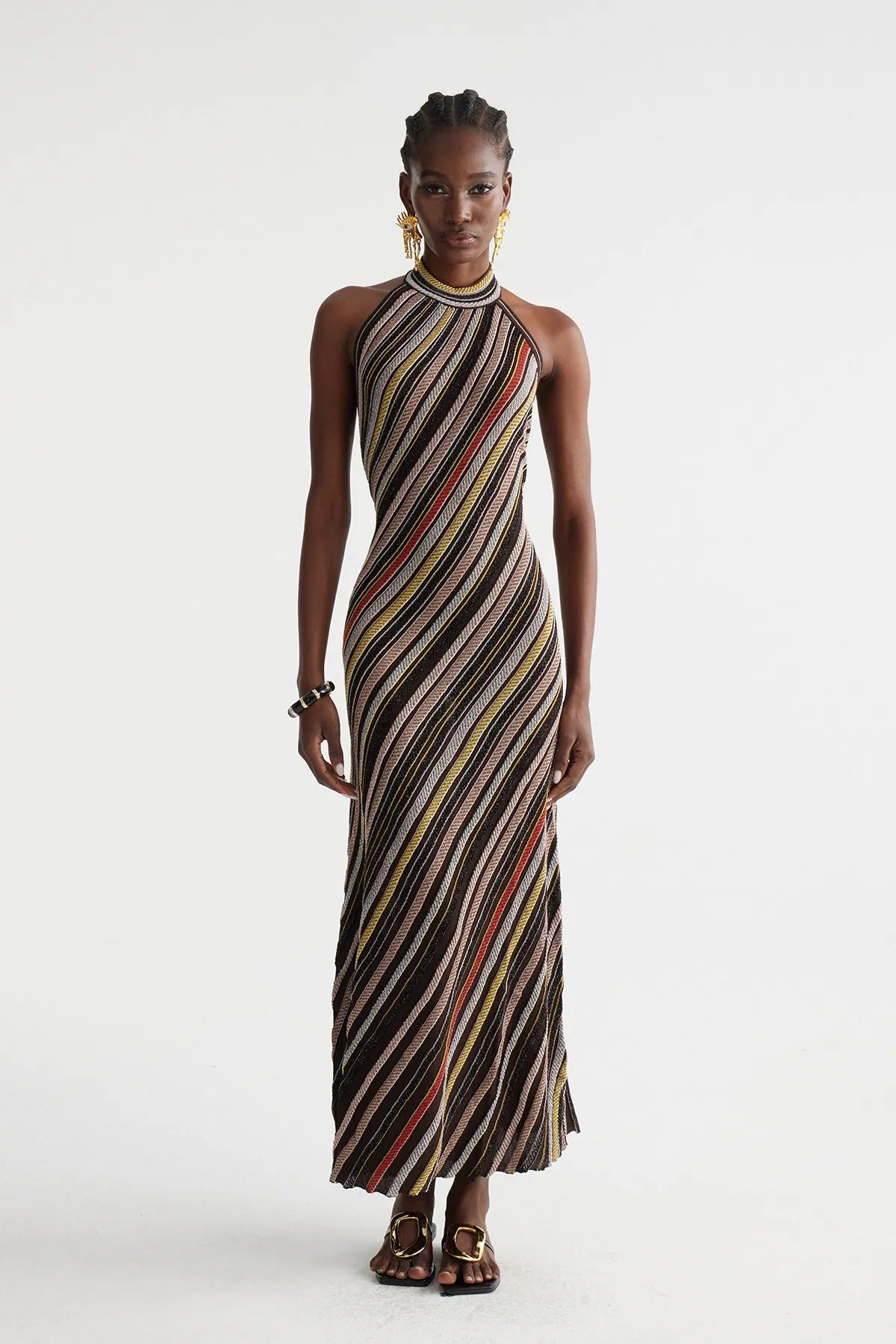 Hakob Stripe Halter Neck Knit Maxi Dress