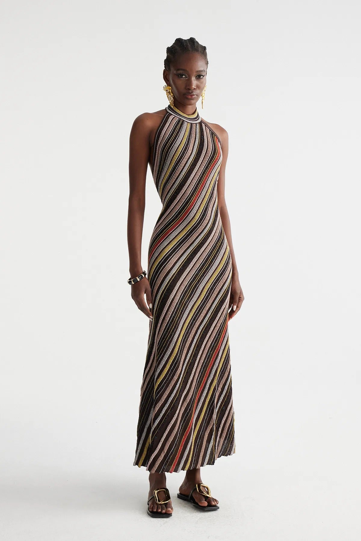 Hakob Stripe Halter Neck Knit Maxi Dress