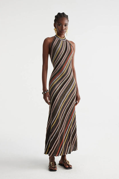 Hakob Stripe Halter Neck Knit Maxi Dress