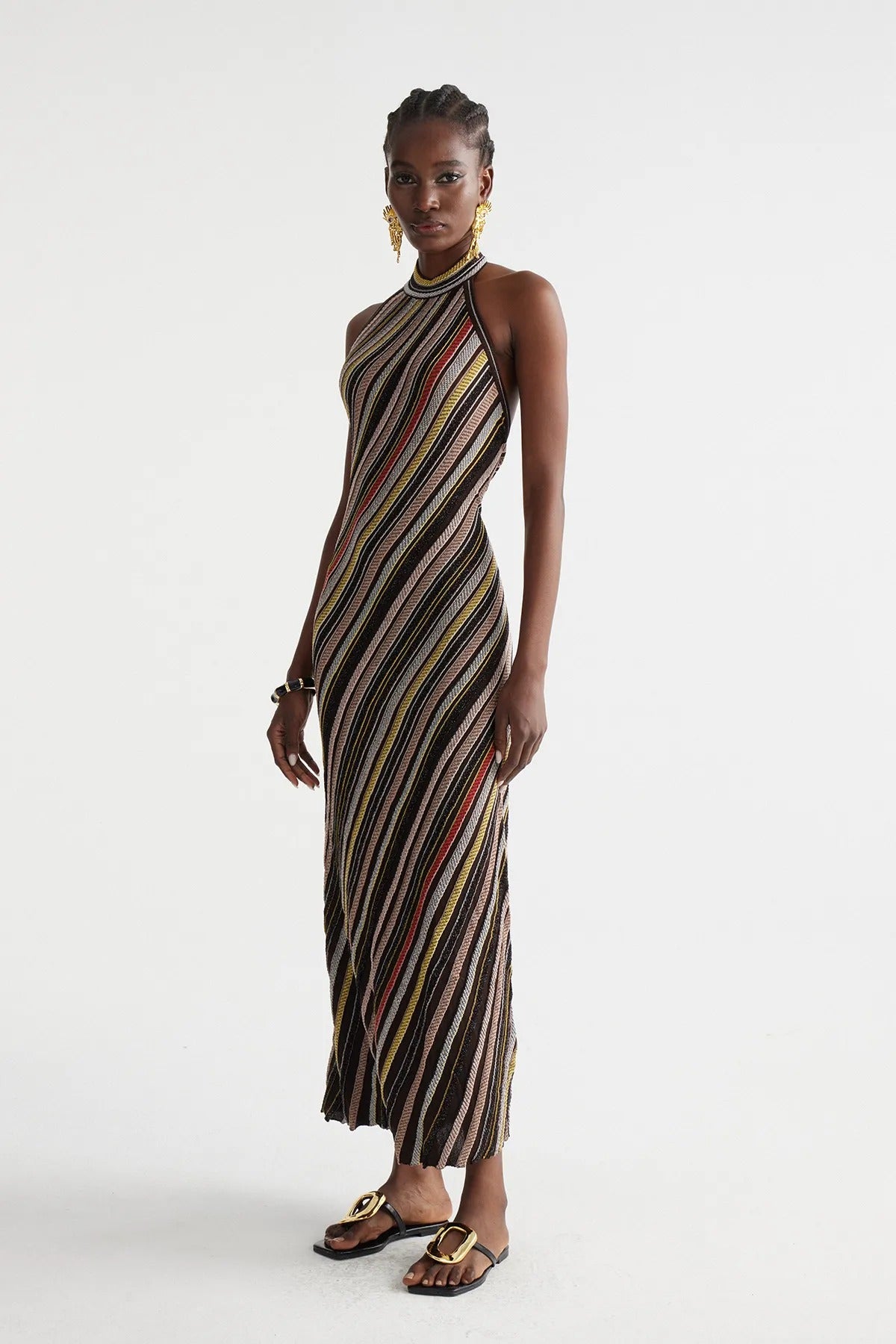 Hakob Stripe Halter Neck Knit Maxi Dress