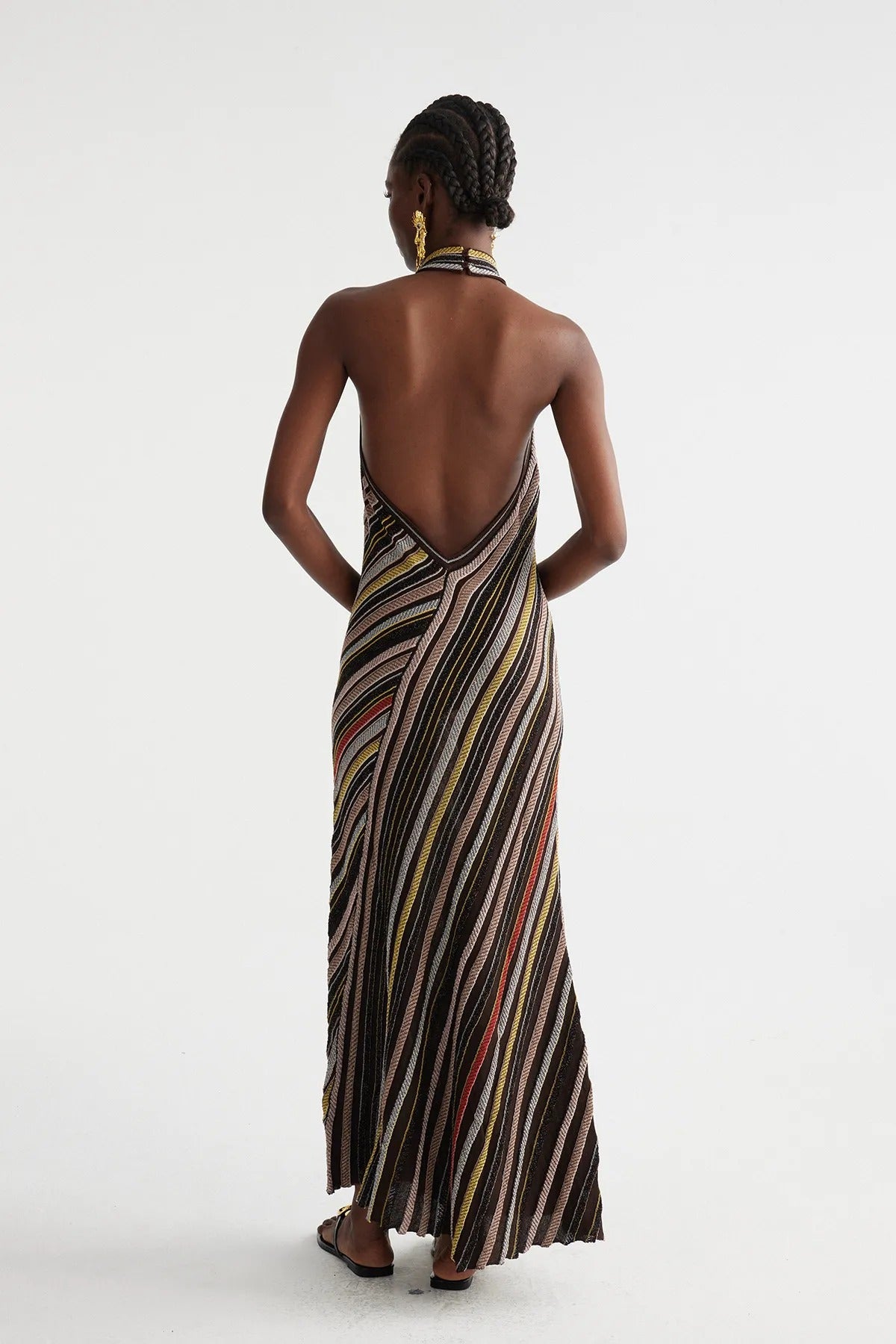 Hakob Stripe Halter Neck Knit Maxi Dress
