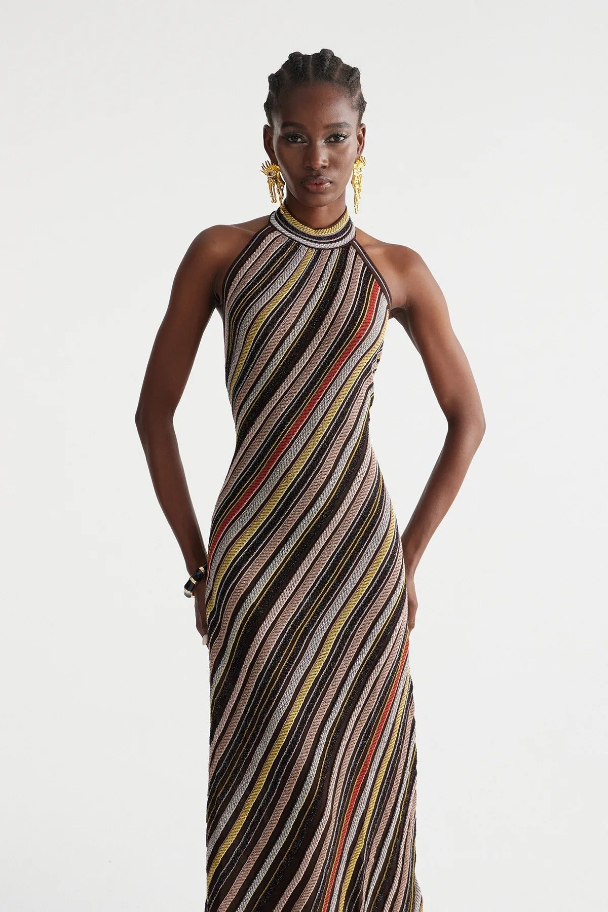 Hakob Stripe Halter Neck Knit Maxi Dress