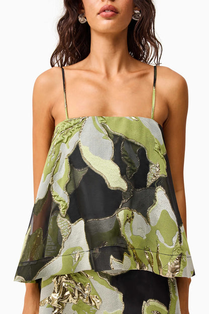 Elysia Tiered Gown in Black & Green Floral