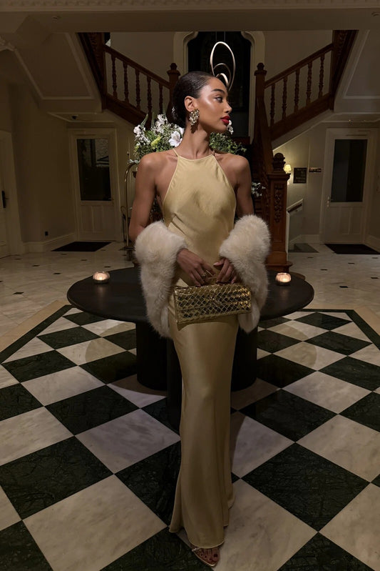 GOLD LONG DRESS WITH BACK EMBELLISHMENT